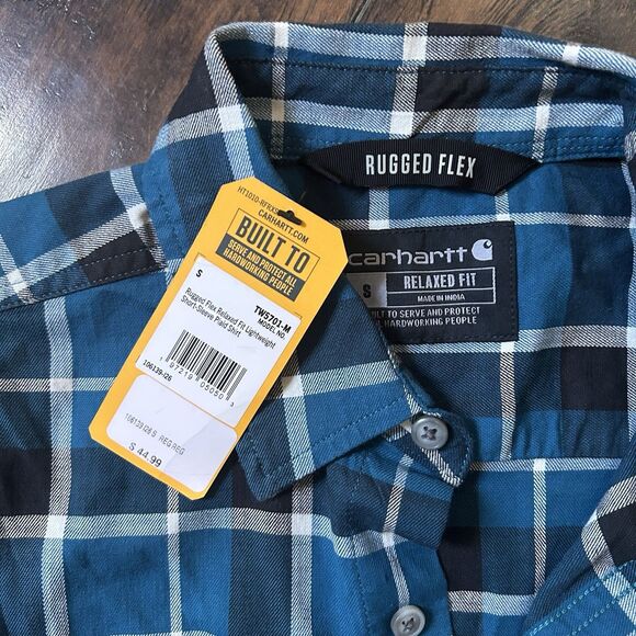 NWT Carhartt Men’s Rugged Flex Relaxed Fit SS Button Down Shirt Blue Plaid Small - Picture 2 of 7